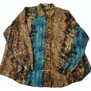 Chicos Silk Boho Button-Up Blouse Green Teal Brown Floral XL Artsy Comfort Loose